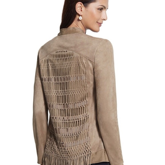 Chico’s Faux Suede Fringe Jacket, Countess Taupe, Size 1 (M-8). - Picture 3 of 8